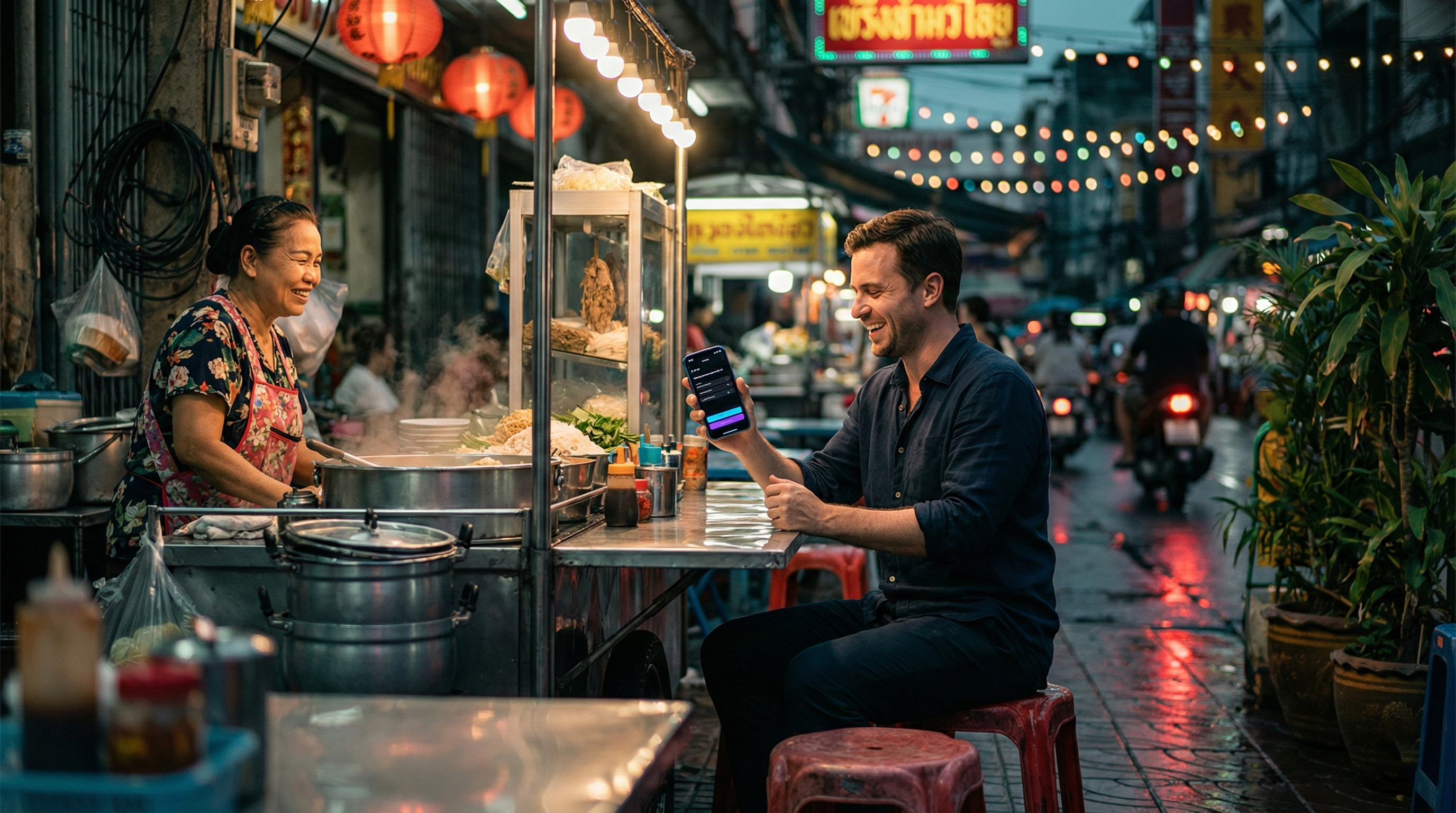 A man comfortably using Thai in a local market, bridging the gap between study and real life